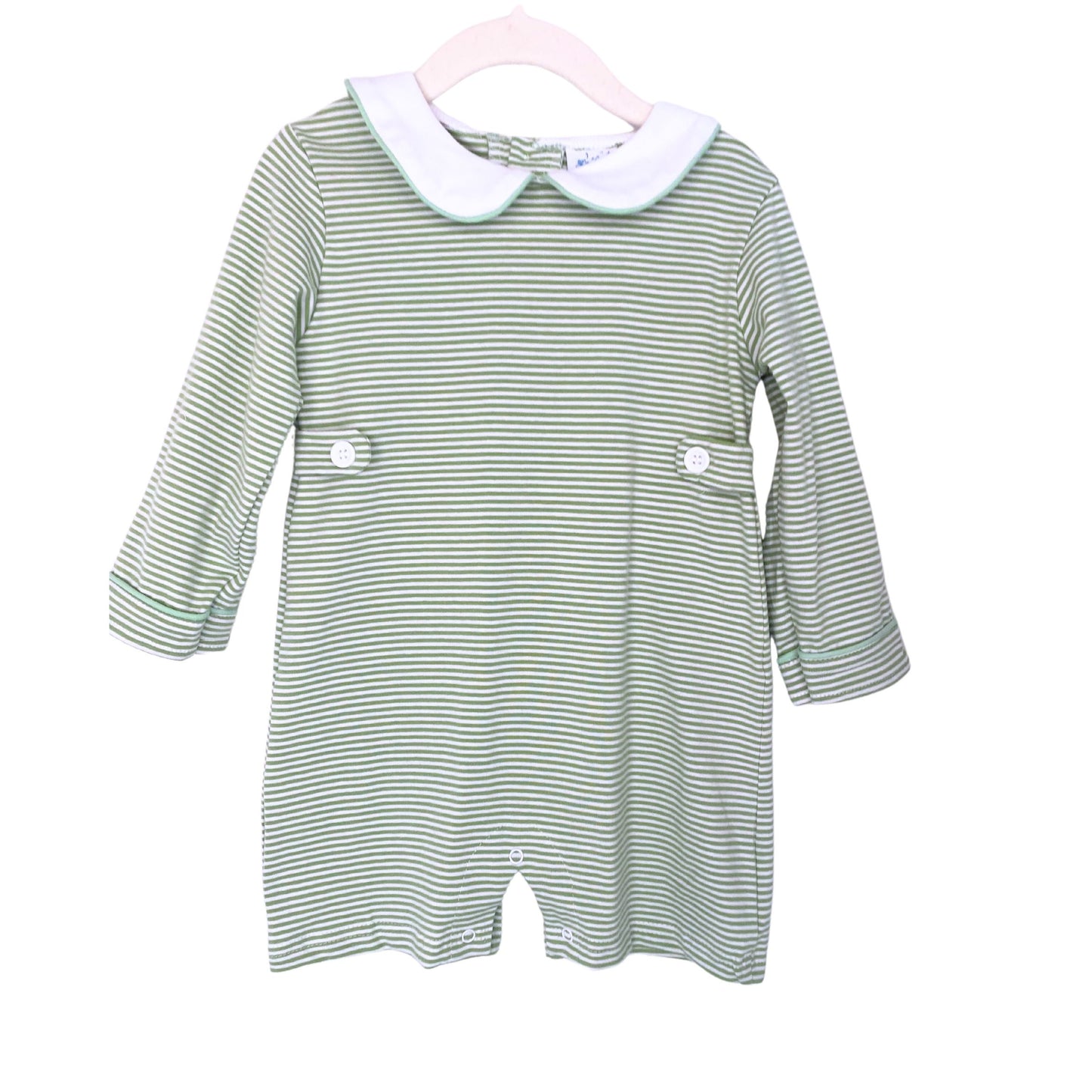 Green & White Stripe Long Sleeve Peter Pan Collar Romper