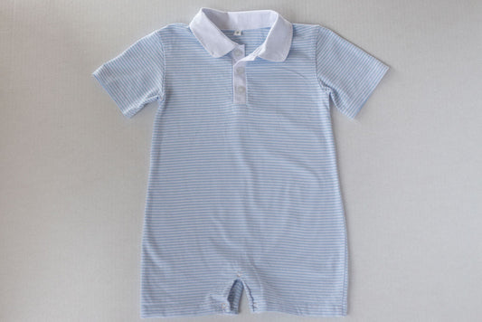 Blue & White Stripe Short Sleeve Polo Romper